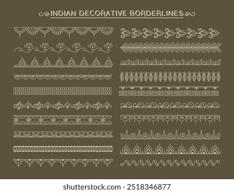 Desenhado à mão Conjunto icônico de padrões indianos decorativos borderline para hena, mehendi, arquiteto, ornamento, pintura decoração, arte da mão, boêmio e étnico.