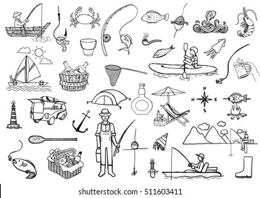 Hand Drawn Icons About Fishing Isolated On White Background - Stock Vector