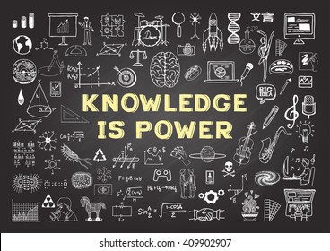 Hand Drawn Icons About KNOWLEDGE Is Power On Chalkboard