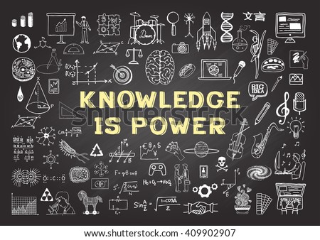 Hand drawn icons about KNOWLEDGE is power on chalkboard