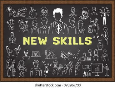 Hand drawn icons about NEW SKILLS on chalkboard 