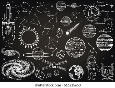 Hand drawn icons about outer space or astronomy on chalkboard background. Vector illustration