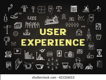 Hand drawn icons about USER EXPERIENCE on chalkboard - Stock vector
