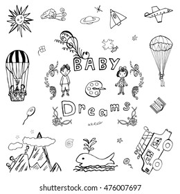 Hand drawn icons Baby Dreams about travel in car, rocket, balloon, plane. Doodle elements collection. Set of the design sketch child play. Decorative frame. Smiling boy and girl. Vector illustration.