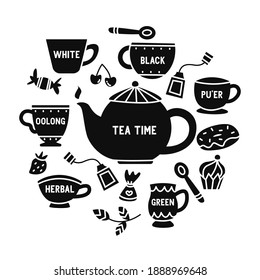 Hand drawn icons, black silhouette  set - teapot, mugs, cups, tea bags, candy, spoon, desserts isolated on white background