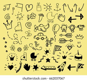 Hand drawn icons for children. Kids logo. Doodle