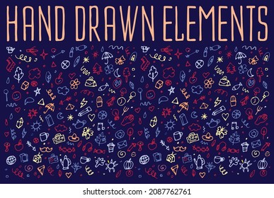 Hand drawn icons and elements pattern. Digital illustration