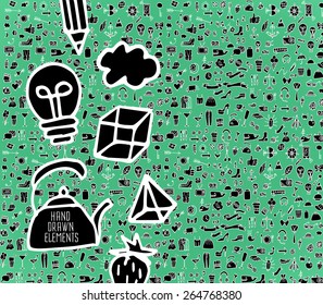 Hand drawn icons and elements pattern. Digital illustration