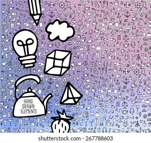 Hand drawn icons and elements pattern. Digital illustration