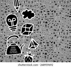 Hand drawn icons and elements pattern. Digital illustration