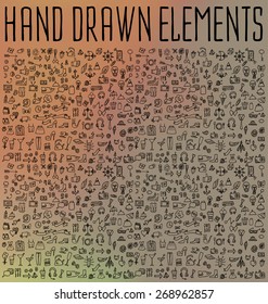 Hand drawn icons and elements pattern. Digital illustration