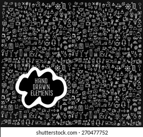 Hand drawn icons and elements pattern. Digital illustration