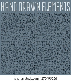 Hand drawn icons and elements pattern. Digital illustration