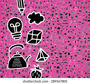 Hand drawn icons and elements pattern. Digital illustration