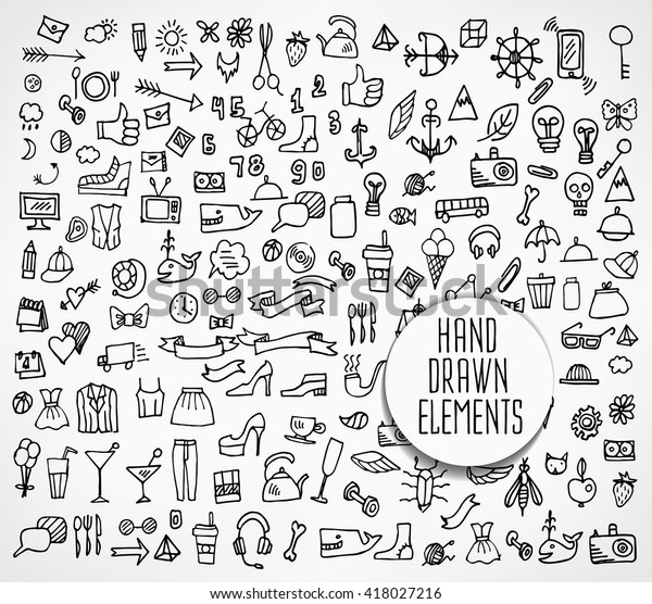 Hand drawn icons and elements pattern.\
Digital illustration