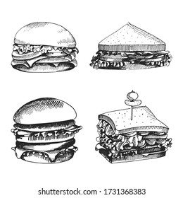 Hand drawn icons for food menu with burger and sandwich icons. Fast food vector. Great vintage line drawing sketch for coloring book, brochure or leaflet design