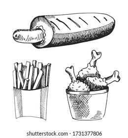 Hand drawn icons for food menu with hot dog, fried chiken feeds and French fries icons. Fast food vector. Great vintage line drawing sketch for coloring book, brochure or leaflet design