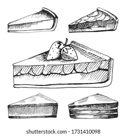 Hand drawn icons for food menu with berry pies, cheese cake and other various types of pies. Fast food vector. Great vintage line drawing sketch for coloring book, brochure or leaflet design