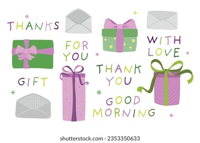Iconos dibujados a mano de cajas de regalo atadas con una cinta y sobres.