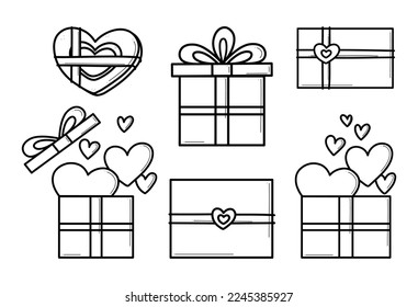 Hand drawn icons gifts with hearts in doodle style. Cartoon present box set with bows. Gift package with love for Valentines day, birthday, wedding, anniversary. 