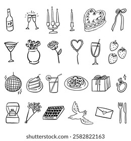 Hand Drawn Icons Illustration for Valentines Galentines Wedding Girls Night with Hearts and Bows