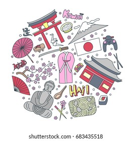 Hand drawn icons with Japan symbols - Kimono sakura flag buddha rice sushi stone garden rice origami geisha. Stickers, pins and patches in line style.