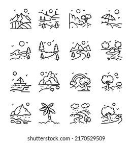 Hand Drawn Icons of Landscapes and Hill Stations

