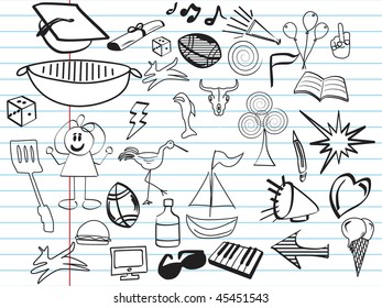 hand drawn icons on abstract paper background