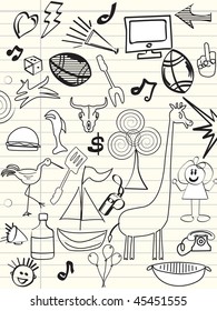 hand drawn icons on abstract pattern background