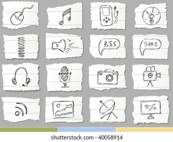 Hand drawn icons on ripped paper (Media set)