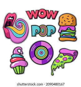 hand drawn icons, open mouth, pizza, donut, hamburger,cupcake,for clothing print, poster, sticker,label, postcard, scrapbooking