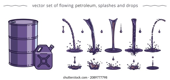 Hand drawn icons of petroleum. Vector barrel, canister and set of trickles, drops and splashes of  crude oil. Black and greasy liquid elements