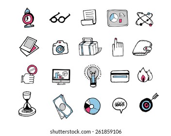 Hand drawn icons related to communication, business and media. 
