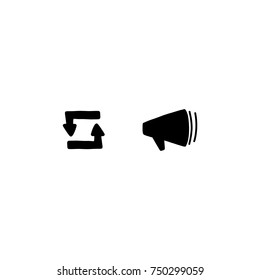 Hand drawn icons repost arrows and microphone for web, social media. Sign repost.
