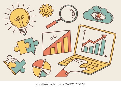 Hand drawn icons representing business concepts such as analysis ideas charts and strategic planning