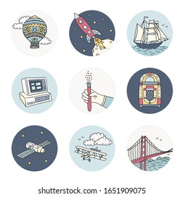 Hand drawn icons representing different human inventions - different forms of transportation, space science, chemistry, construction and the first juke box