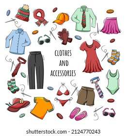 Hand drawn icons set of clothes and accessories in doodle sketch style. Vector illustration for icon, background, frame design.