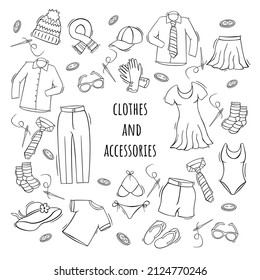Hand drawn icons set of clothes and accessories in doodle sketch style. Vector illustration for icon, background, frame design.