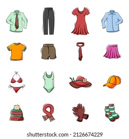 Hand drawn icons set of clothes and accessories in doodle sketch style. Vector illustration for icon, background, frame design.