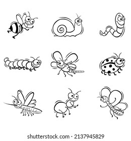 Hand drawn icons set of cute insect in doodle sketch style. Vector illustration for icon, background, frame design.