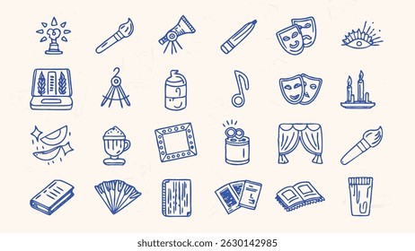 Hand drawn icons set depicting performance craft and various activities ideal for design projects needing a handcrafted aesthetic