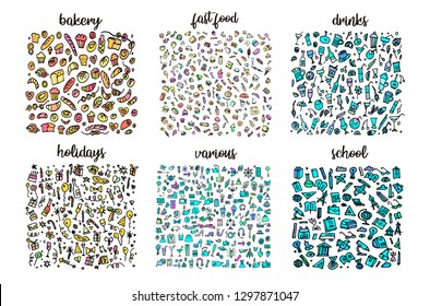 Hand drawn icons set and elements pattern. Digital illustration, bakery doodles elements, holidays seamless background. school and alcohol drinks. Vector fast food sketchy illustration