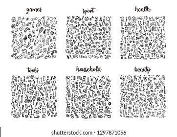 Hand Drawn Icons Set And Elements Pattern. Digital Illustration, Games Doodles Elements, Sports Seamless Background, Health And Tools. Vector Household And Beauty Sketchy Illustration