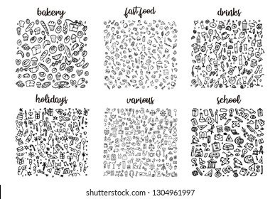 Hand drawn icons set and elements pattern. Digital illustration, bakery doodles elements, holidays seamless background. school and alcohol drinks. Vector fast food sketchy illustration