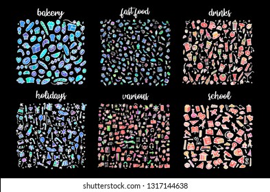 Hand drawn icons set and elements pattern. Digital illustration, bakery doodles elements, holidays seamless background. school and alcohol drinks. Vector fast food sketchy illustration