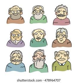 Hand drawn icons set. Faces of grandfather.