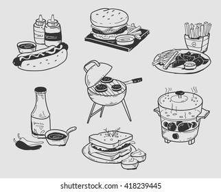 Hand drawn icons set. Icons for food, restaurant, cafe and menu design, food delivery.
Vintage style. 
