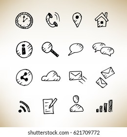 Hand drawn icons set isolated on white background. Sketch, vector illustration.