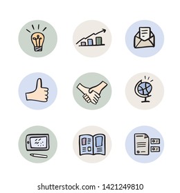 Hand drawn icons set. Social icons, communication icons, doodle style vector icons.