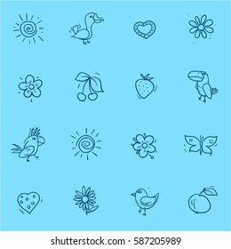 Hand drawn icons set. Sun, butterfly, flowers, birds, hearts and berries. Vector illustration.
